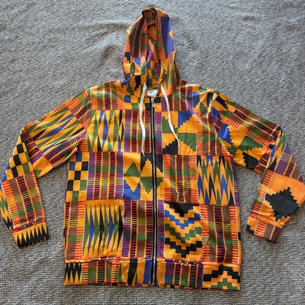 Women Kente Print Zip Up Hoodie African Geometric Patchwork Jacket Orange Medium